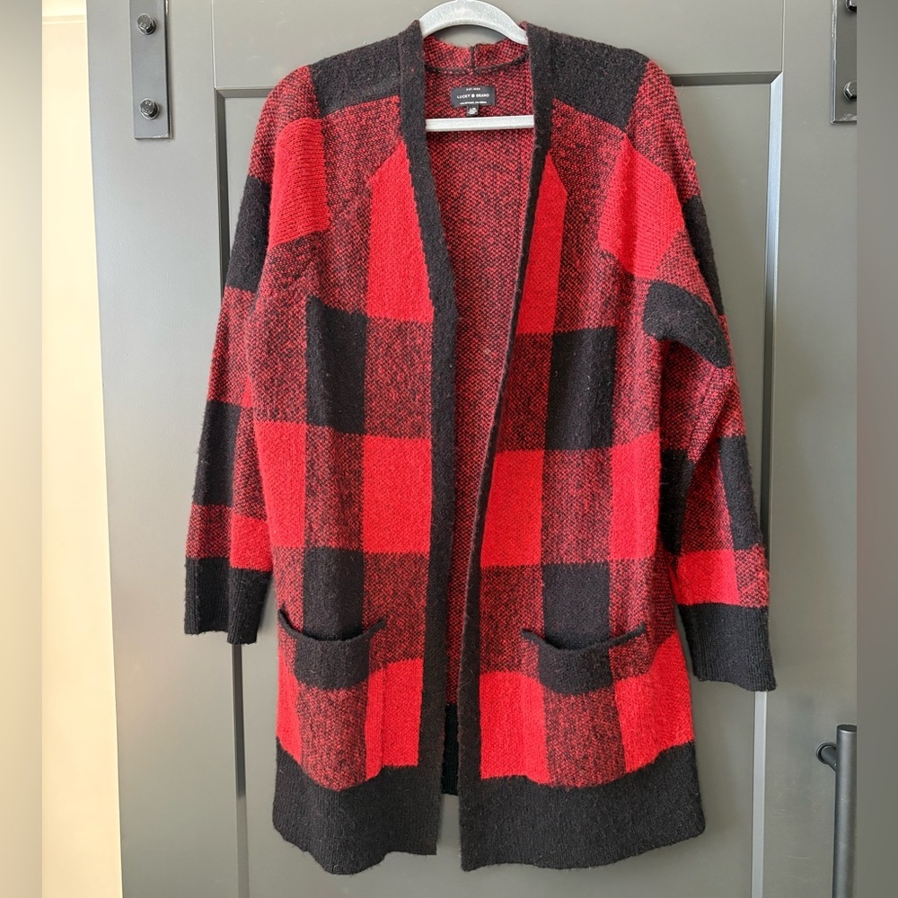 Lucky Brand Red and Black Checkered Cardigan